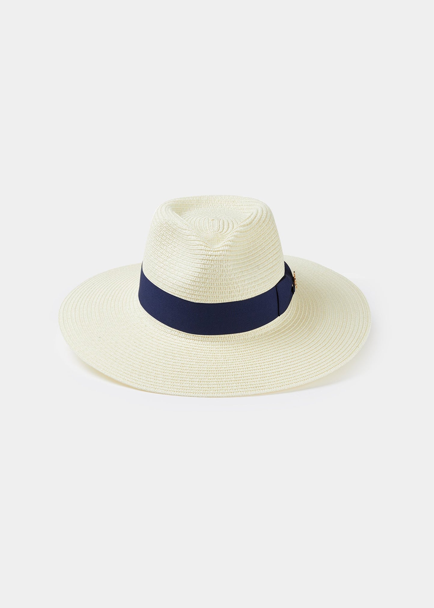 Emelle Straw Hat With Navy Blue Ribbon.