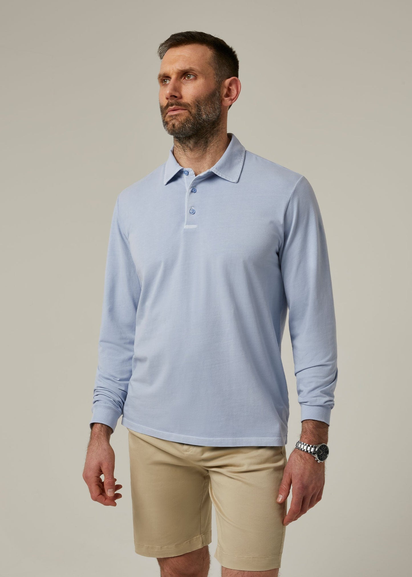 Men's long sleeve faded dye polo in light blue