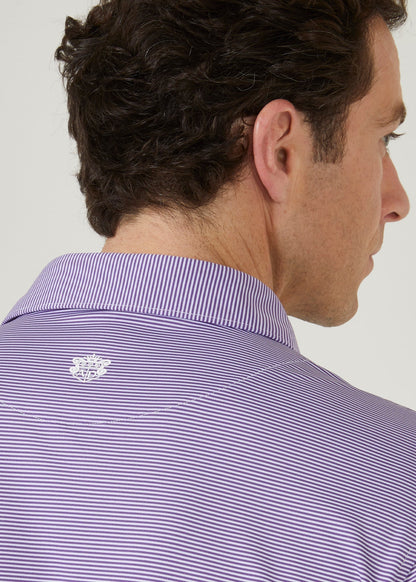 Polo shirt made from polyester with 3 button collar in plum with white stipes.